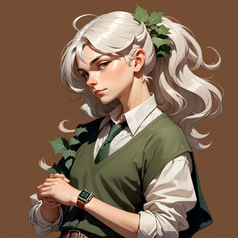stylized by gil elvgen, greg manchess and mucha, Classic Gary Oak, Platinum hair styled as Ivy League, Supple Hair Clip and Smartwatch, plain Brown background, soft light, sfumato, amateurish