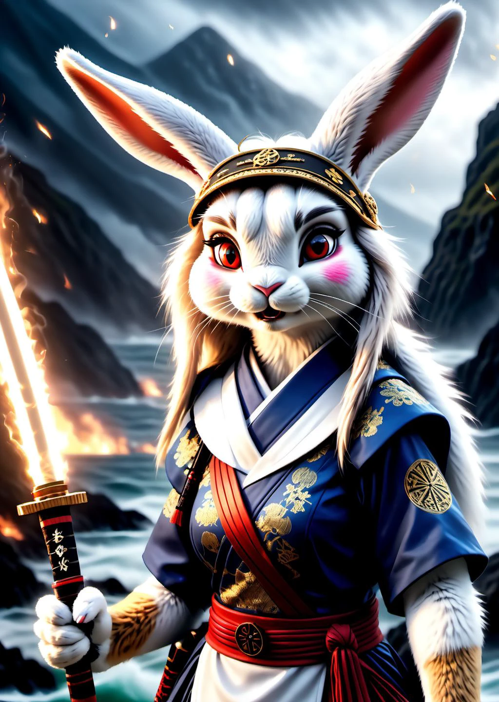 /ONE FOR ALL, imagine in
(((epic-Ultra-HD-details, epic-Ultra-HD-detailed-details, epic-Ultra-HD-highlights, lit, furry-characteristics)))
(furry art : anthro : bunny)
(Ultra-HD-details, discreet, emphasized-details, life-size-body, cutesie)
50mm lens
aperture opening of f/4.0
epic closeup of an angry anthro female bunny, (bunny face, bunny paws) fluffy full body fur wearing a samurai outfit, holding a katana with glowing runes, fire, smoke, stormy sea, vignette, bokeh, film grain, 3 point lighting, flash with softbox, sharp focus, HDR+, intricate details, Detailed White Fluffy Fur, Detailed Hair, hyperdetailed, natural fur texture, detailed skin
(hyperrealistic, cinematic light, depth of field)
\\ Made with ONE FOR ALL checkpoint by Chaos Experience @ https://civitai.com/user/ChaosExperience/ \\