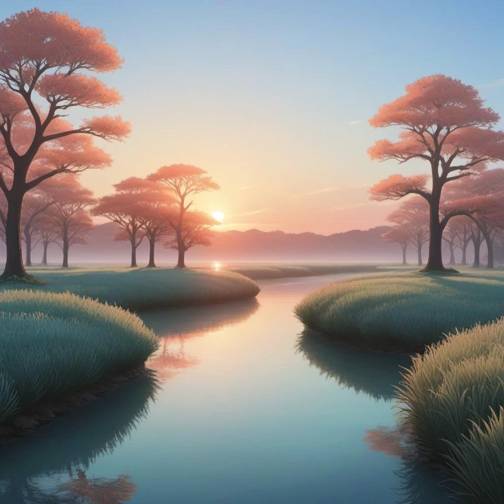 landscape of a Level Plain Aqua and Coral Men,ion, at Sunrise, [ (art by Herbert List:1.0) , Jakub Schikaneder::9], Visual novel, Happy, concept art