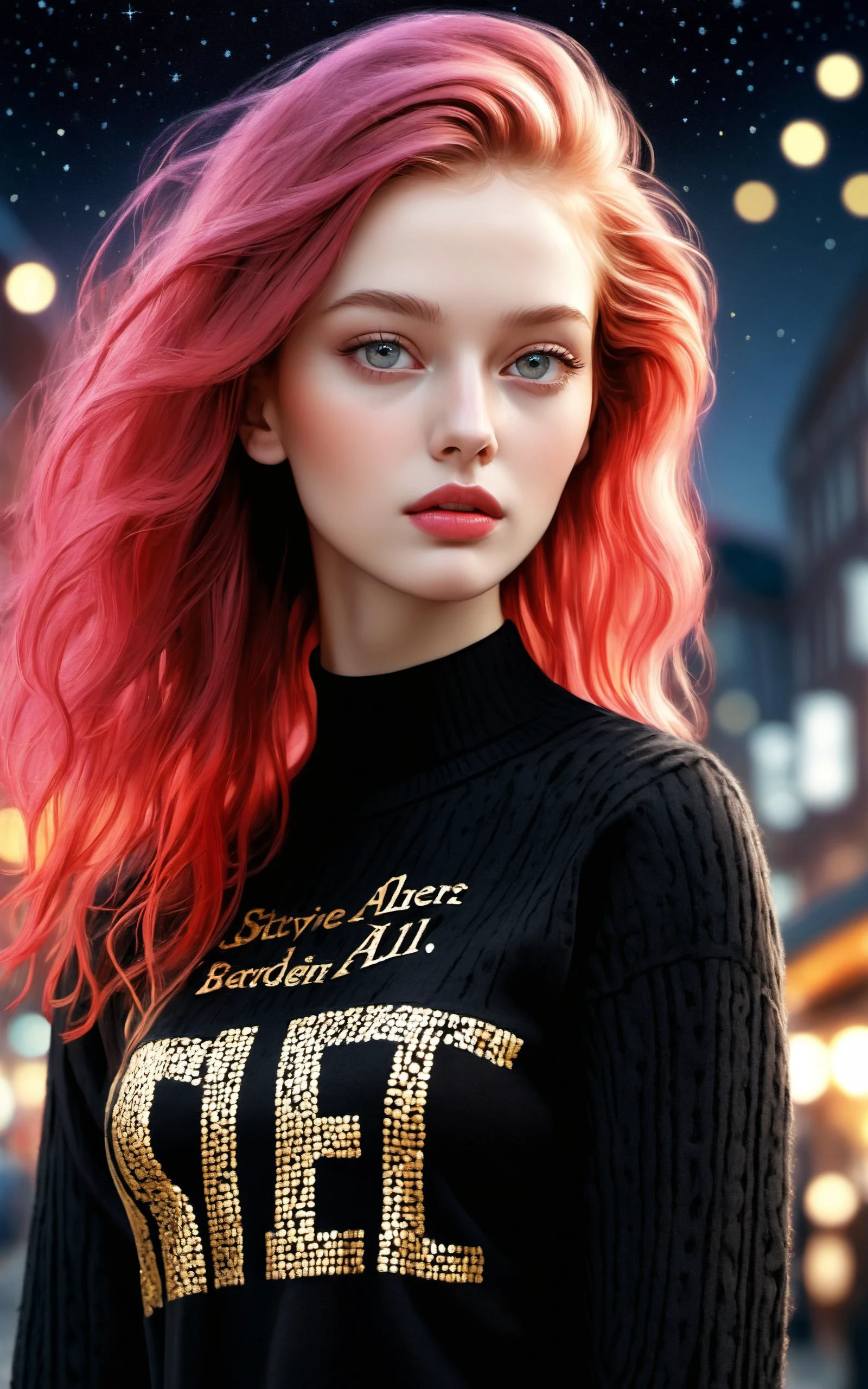 \\ Made with ONE FOR ALL model by Chaos Experience @ https://civitai.com/user/ChaosExperience/ \\
A beautiful European woman (26 yo) with a big long pink hair with black streaks in hair, she is standing in front of a city in a starry night, she is wearing a black Wool sweater (real life extremely detailed fabric, with the words: "ONE FOR ALL " in golden letters), she is also wearing a pleated black skirt.
It is a realistic art style with photoreal details in RAW HDR. Must be human detailed, hyper-detailed, very cute and jovial.
This "photo" is a masterpiece framed with a careful balance of zoom and depth of field, ensuring the girl's face is in sharp focus making her skin pores visible, while the background fades into a dreamy bokeh, emphasizing the cuteness and beauty figure of the girl against the vastness of the world, floating particles., ((Photorealistic:1.4)), 35mm, intricate details, hdr, intricate details, Detailed skin with visible pores, hyperdetailed, natural skin texture, hyperrealism, (sharp:1.05)
(hyperrealistic, cinematic light, depth of field)