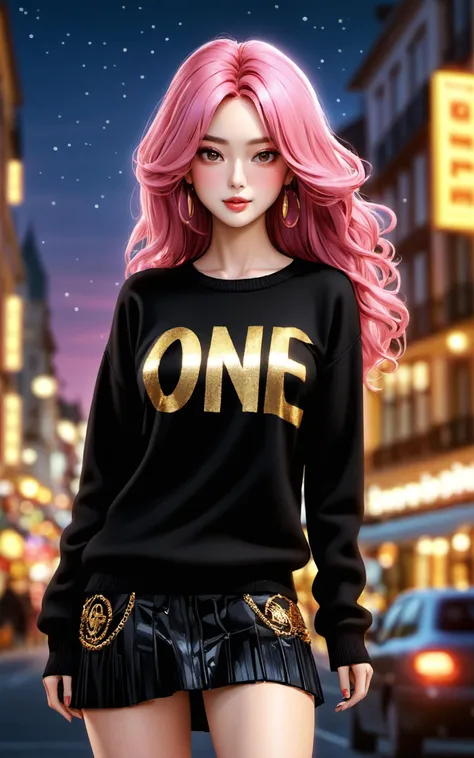 \\ Made with ONE FOR ALL model by Chaos Experience @ https://civitai.com/user/ChaosExperience/ \\
Please, envision a scene that transcends the boundaries of photography, where a gorgeous cute beautiful delicate woman with a big long pink hair standing in front of a city wearing a black Wool sweater (real life extremely detailed fabric, with the words: "ONE FOR ALL" in golden letters) and a pleated black skirt, at night, realistic art style, photoreal details, hdr, human detailed, hyper-detailed, very cute and jovial, \\ Made with ONE FOR ALL model by Chaos Experience @ https:
(Ultra-HD-details, discreet, emphasized-details, life-size-body, cutesie)
(vivid colors, HDR, cinematic light, depth of field, real life, realistic image)
(photorealistic:1.4, furry-characteristics, 400mm photograph, film, bokeh, professional, intrincated detailed)