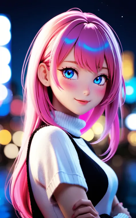 \\ Made with ONE FOR ALL model by Chaos Experience @ https://civitai.com/user/ChaosExperience/ \\
(photorealistic, furry-characteristics, 200mm photograph, film, bokeh, professional, intrincated detailed)
(upper body, solo, night city background, starry night)
fantasy, glowing
(bunny), 1girl, pink hair, long hair, blue eyes, hair between eyes, blush, confident smile, perfect cuteness, bangs, medium breasts, smile, sweater wool (real life detailed fabric, with the inscription "ONE FOR ALL" in (golden letters)), turtleneck sweater, sleeveless, necklace, skirt, pleated skirt, black skirt, black belt
(cinematic light, depth of field), \\ Made with ONE FOR ALL model by Chaos Experience @ https:
(Ultra-HD-details, discreet, emphasized-details, life-size-body, cutesie)
(vivid colors, HDR, cinematic light, depth of field, real life, realistic image)