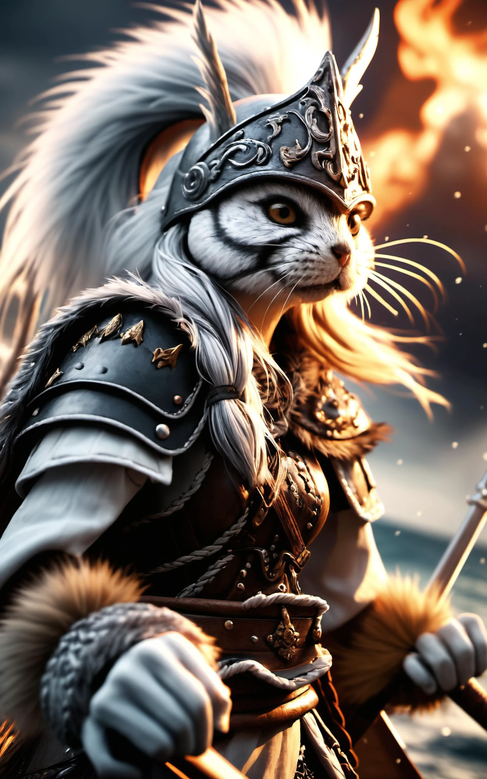epic closeup of an angry anthro female squirrel, fluffy full body fur wearing viking helmet and outfit, standing a on a viking ship holding a viking sword with glowing runes , fire , smoke, stormy sea, shallow depth of field, vignette, highly detailed, high budget, bokeh, cinemascope, moody, epic, gorgeous, film grain, grainy, high quality photography, 3 point lighting, flash with softbox, 4k, Canon EOS R3, hdr, smooth, sharp focus, high resolution, award winning photo, 80mm, f2.8, bokeh, intricate details, HDR+, intricate details, Detailed Fluffy Fur, Detailed Hair, hyperdetailed, natural fur texture, detailed skin, hyperrealism, sharp
(hyperrealistic, cinematic light, depth of field)