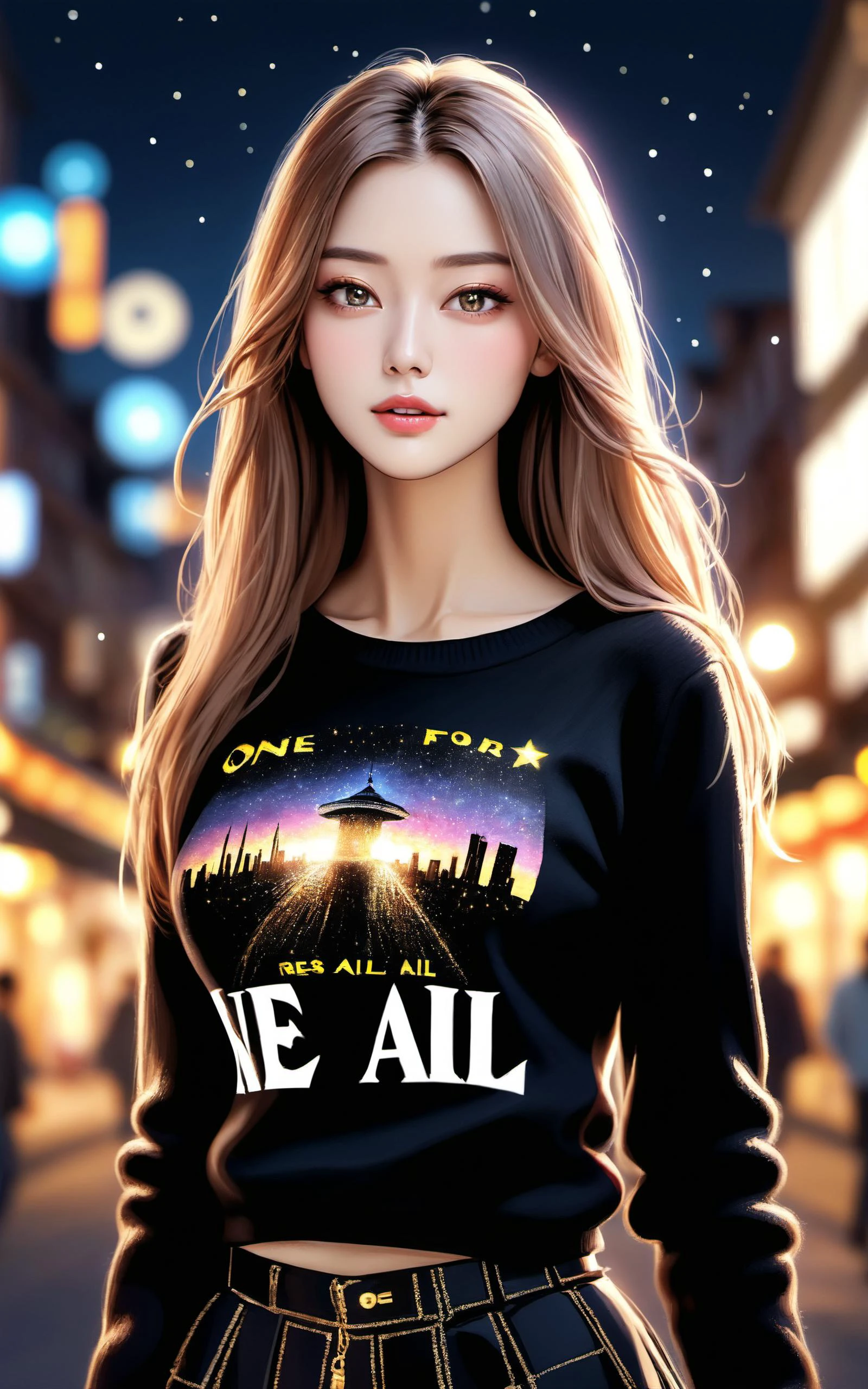 \\ Made with ONE FOR ALL model by Chaos Experience @ https://civitai.com/user/ChaosExperience/ \\
A beautiful European woman (26 yo) with a big long hair with pink strokes, standing in front of a city in a starry night, she is wearing a black Wool sweater (real life extremely detailed fabric, with the words: "ONE FOR ALL " in golden letters), she is also wearing a pleated black skirt.
It is a realistic art style with photoreal details in RAW HDR. Must be human detailed, hyper-detailed, very cute and jovial.
This "photo" is a masterpiece framed with a careful balance of zoom and depth of field, ensuring the girl's face is in sharp focus making her skin pores visible, while the background fades into a dreamy bokeh, emphasizing the cuteness and beauty figure of the girl against the vastness of the world, floating particles., ((Photorealistic:1.4)), 35mm, intricate details, hdr, intricate details, Detailed skin with visible pores, hyperdetailed, natural skin texture, hyperrealism, (sharp:1.05)
(hyperrealistic, cinematic light, depth of field)