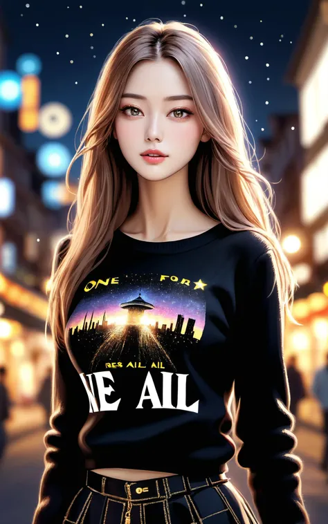 \\ Made with ONE FOR ALL model by Chaos Experience @ https://civitai.com/user/ChaosExperience/ \\
A beautiful European woman (26 yo) with a big long hair with pink strokes, standing in front of a city in a starry night, she is wearing a black Wool sweater (real life extremely detailed fabric, with the words: "ONE FOR ALL " in golden letters), she is also wearing a pleated black skirt.
It is a realistic art style with photoreal details in RAW HDR. Must be human detailed, hyper-detailed, very cute and jovial.
This "photo" is a masterpiece framed with a careful balance of zoom and depth of field, ensuring the girl's face is in sharp focus making her skin pores visible, while the background fades into a dreamy bokeh, emphasizing the cuteness and beauty figure of the girl against the vastness of the world, floating particles., ((Photorealistic:1.4)), 35mm, intricate details, hdr, intricate details, Detailed skin with visible pores, hyperdetailed, natural skin texture, hyperrealism, (sharp:1.05)
(hyperrealistic, cinematic light, depth of field)
