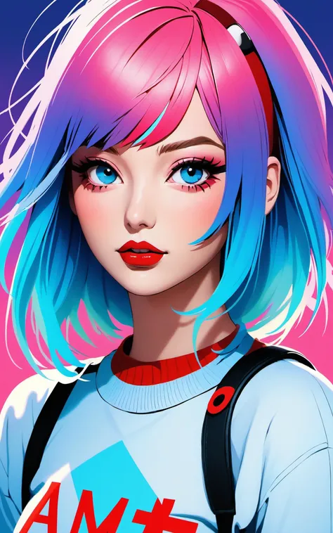 \\ Made with ONE FOR ALL model by Chaos Experience @ https://civitai.com/user/ChaosExperience/ \\
1girl, lip, Sweater witting "ONE FOR ALL", order, Blue gradient background, Neon hair, Textured crop, Canadian, (masterpiece, best quality), illustrator, anime, realistic, sketch