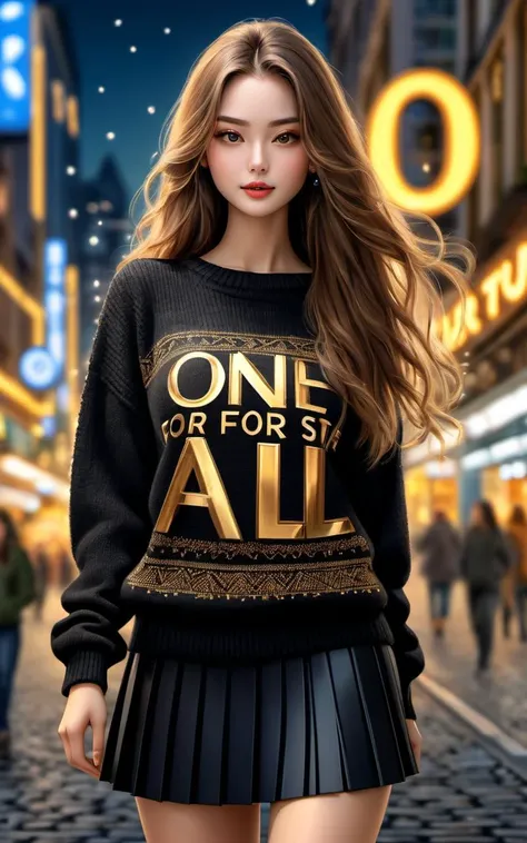 \\ Made with ONE FOR ALL model by Chaos Experience @ https://civitai.com/user/ChaosExperience/ \\
((Photorealistic:1.4)), 35mm, intricate details, hdr, intricate details, hyperdetailed, natural skin texture, hyperrealism, sharp.
A beautiful delicate european woman with a big long hair standing in front of a city wearing a black Wool sweater (real life extremely detailed fabric, with the words: "ONE FOR ALL " in golden letters) and a pleated black skirt, at night, realistic art style, photoreal details, hdr, human detailed, hyper-detailed, very cute and jovial.
This image is framed with a careful balance of zoom and depth of field, ensuring the girl's face is in sharp focus while the background fades into a dreamy bokeh, emphasizing the cuteness and beauty figure of the girl against the vastness of the world, floating particles.