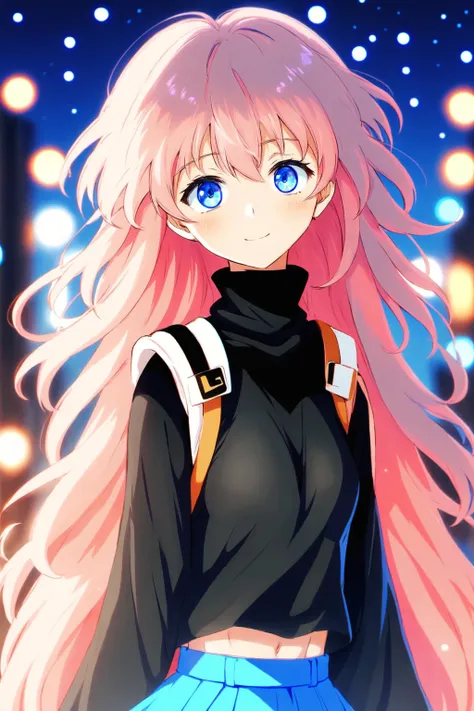 (1girl, pink hair, big long hair, blue eyes, hair between eyes, blush, confident smile, perfect cuteness, bangs, medium breasts, smile, black sweater, turtleneck sweater, sleeveless, necklace, skirt, pleated skirt, black skirt, black belt)
(upper body, solo, night city background, starry night)
fantasy, glowing, \\ Made with ONE FOR ALL model by Chaos Experience @ https:
(Ultra-HD-details, discreet, emphasized-details, life-size-body, cutesie)
(cinematic light, depth of field)