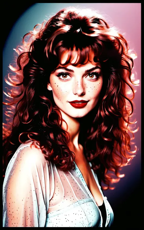\\ Made with ONE FOR ALL model by Chaos Experience @ https://civitai.com/user/ChaosExperience/ \\
1980s vintage photo, extremely beautiful woman, freckles, beautiful eyes,, dark red hair, wavy, brown eyes, 1980s big poofy hair with big bangs,smile , many freckles, polaroid 1980s rock concert, groupie, rock fan, vintage, realistic