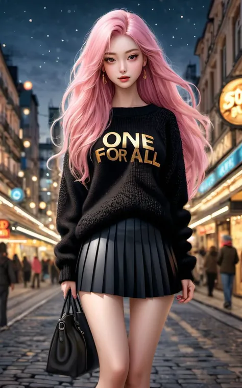 \\ Made with ONE FOR ALL model by Chaos Experience @ https://civitai.com/user/ChaosExperience/ \\
((Photorealistic:1.4)), 35mm, intricate details, hdr, intricate details, Detailed skin with visible pores, hyperdetailed, natural skin texture, hyperrealism, sharp.
A beautiful delicate european woman with a big long pink hair standing in front of a city wearing a black Wool sweater (real life extremely detailed fabric, with the words: "ONE FOR ALL " in golden letters) and a pleated black skirt, at night, realistic art style, photoreal details, hdr, human detailed, hyper-detailed, very cute and jovial.
This image is framed with a careful balance of zoom and depth of field, ensuring the girl's face is in sharp focus while the background fades into a dreamy bokeh, emphasizing the cuteness and beauty figure of the girl against the vastness of the world, floating particles.