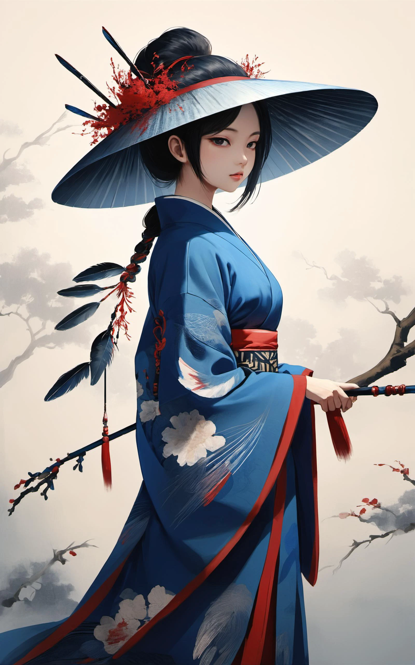 high quality, 8K Ultra HD, In this exquisite ink painting, the serene scene unfolds as a bird perches delicately on a branch, The dynamic essence of the yaebame arrow fletching transforms into a moment of natural beauty. Deep hues of blue, red, and black ink converge to form intricate patterns, capturing the elegance and strength inherent in the bird's feathers, Each stroke tells a story of precision and purpose, evoking the spirit of traditional Japanese artistry, The graceful dance of the bird's feathers on the canvas creates a visual symphony, celebrating the cultural significance of this iconic motif, The scene becomes a harmonious blend of nature and artistic expression, where the tranquility of the bird's presence adds a new layer of depth to the painting, by yukisakura, high detailed <lora:xl_more_art-full_v1:0.5>