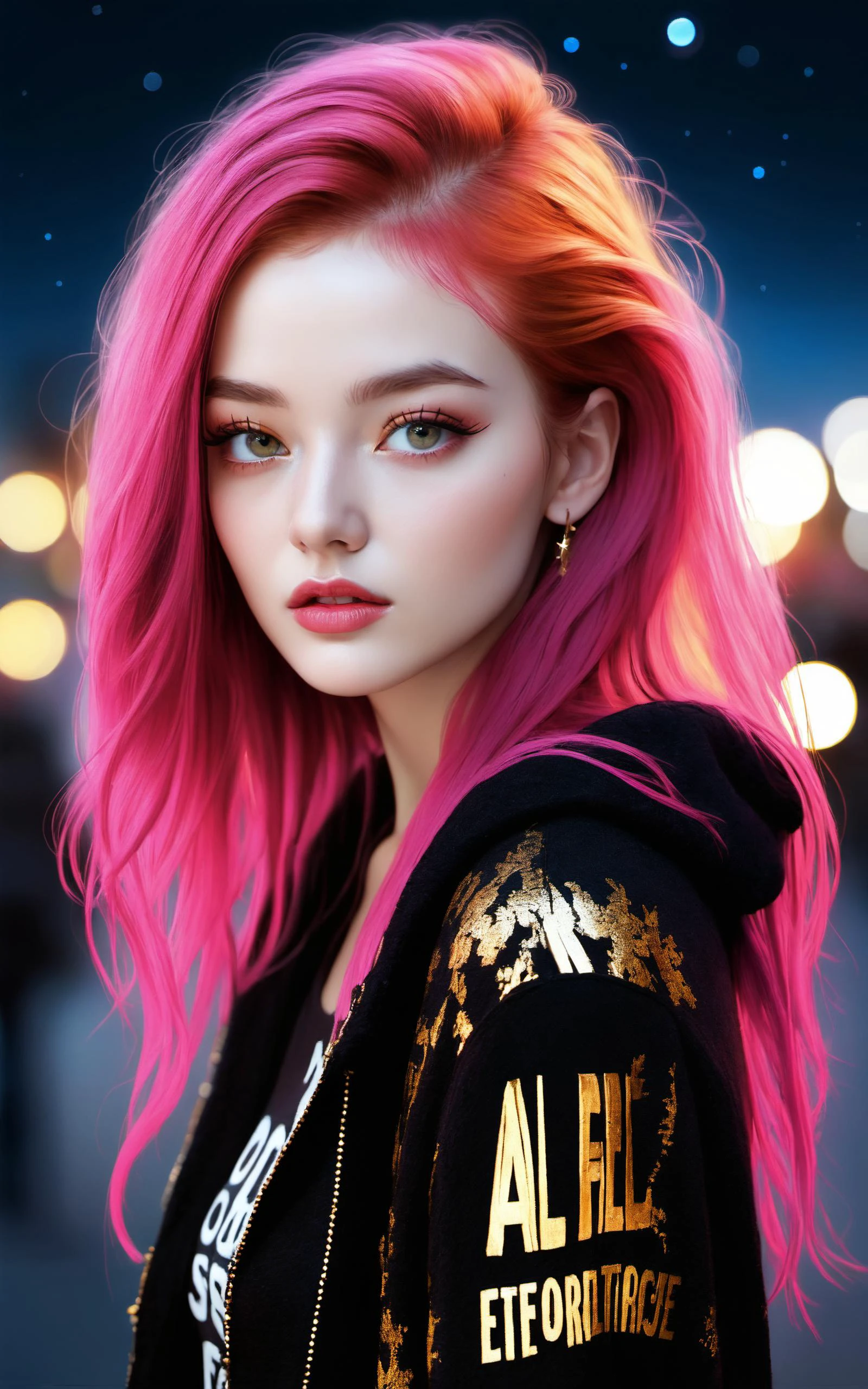\\ Made with ONE FOR ALL model by Chaos Experience @ https://civitai.com/user/ChaosExperience/ \\
A beautiful European woman (26 yo) with a big long pink hair with black streaks in hair, she is standing in front of a city in a starry night. She is wearing a black Wool sweater (real life extremely detailed visible fabric, (with the words: "ONE FOR ALL " in golden letters)), she is also wearing a pleated black skirt. She is a top model.
It is a realistic art style with photoreal details in RAW HDR. Must be human detailed, hyper-detailed, very cute and jovial.
This "photo" is a masterpiece framed with a careful balance of zoom and depth of field, ensuring the girl's face is in sharp focus making her skin pores visible, while the background fades into a dreamy bokeh, emphasizing the cuteness and beauty figure of the girl against the vastness of the world, floating particles., ((Photorealistic:1.4)), 35mm, intricate details, hdr, intricate details, Detailed skin with visible pores, hyperdetailed, natural skin texture, hyperrealism, sharp
(hyperrealistic, cinematic light, depth of field)