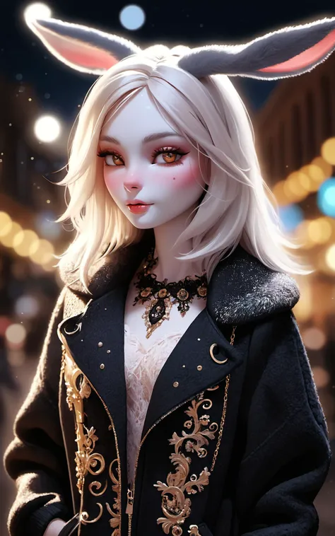 \\ Made with ONE FOR ALL model by Chaos Experience @ https://civitai.com/user/ChaosExperience/ \\
(rising_masterpiece, rabbit_humanoid, furry-characteristics)
A beautiful (( anthro furry white rabbit female, fluffy fur body, rabbit snout and face, lop ears)) with a big long pink hair with black streaks in hair, she is standing in front of a city in a starry night. She is wearing a black Wool sweater (real life extremely detailed visible fabric, (with the words: "ONE FOR ALL " in golden letters)), she is also wearing a pleated black skirt. She is a top model.
It is a realistic art style with photoreal details in RAW HDR. Must be human detailed, hyper-detailed, very cute and jovial.
This "photo" is a masterpiece framed with a careful balance of zoom and depth of field, ensuring the girl's face is in sharp focus making her skin pores visible, while the background fades into a dreamy bokeh, emphasizing the cuteness and beauty figure of the girl against the vastness of the world, floating particles., (Furry Art : Anthro : Rabbit)
((Photorealistic:1.4)), 35mm, intricate details, hdr, intricate details, Detailed skin with visible pores, hyperdetailed, natural skin texture, hyperrealism, sharp
(hyperrealistic, cinematic light, depth of field)