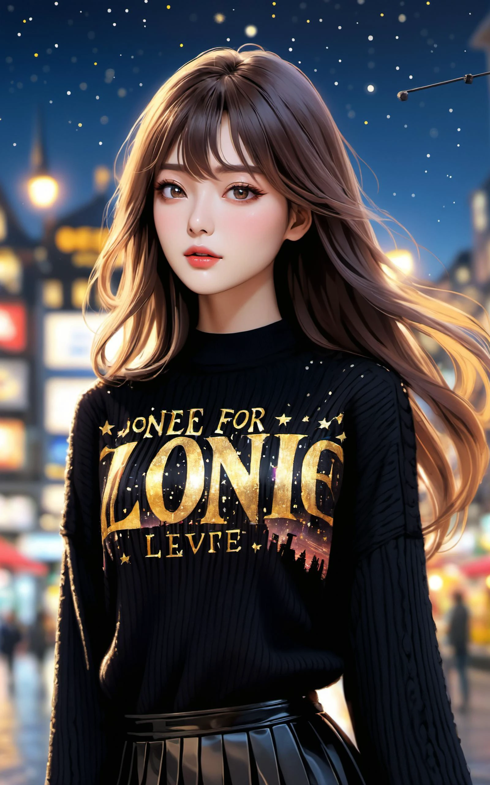 \\ Made with ONE FOR ALL model by Chaos Experience @ https://civitai.com/user/ChaosExperience/ \\
A beautiful European woman (26 yo) with a big long hair with Pink streaks in hair, she is standing in front of a city in a starry night, she is wearing a black Wool sweater (real life extremely detailed fabric, with the words: "ONE FOR ALL " in golden letters), she is also wearing a pleated black skirt.
It is a realistic art style with photoreal details in RAW HDR. Must be human detailed, hyper-detailed, very cute and jovial.
This "photo" is a masterpiece framed with a careful balance of zoom and depth of field, ensuring the girl's face is in sharp focus making her skin pores visible, while the background fades into a dreamy bokeh, emphasizing the cuteness and beauty figure of the girl against the vastness of the world, floating particles., ((Photorealistic:1.4)), 35mm, intricate details, hdr, intricate details, Detailed skin with visible pores, hyperdetailed, natural skin texture, hyperrealism, (sharp:1.05)
(hyperrealistic, cinematic light, depth of field)