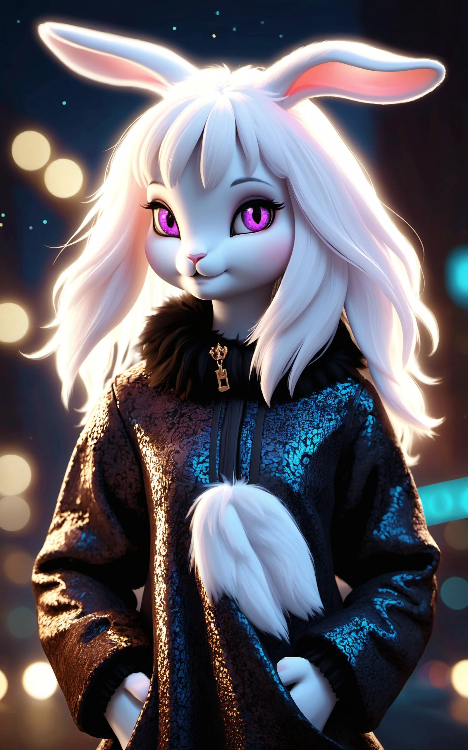 \\ Made with ONE FOR ALL model by Chaos Experience @ https://civitai.com/user/ChaosExperience/ \\
(rising_masterpiece, rabbit_humanoid, furry-characteristics)
A beautiful (( anthro furry white rabbit female, fluffy fur body, rabbit snout and face, lop ears)) with a big long pink hair with black streaks in hair, she is standing in front of a city in a starry night. She is wearing a black Wool sweater (real life extremely detailed visible fabric, (with the words: "ONE FOR ALL " in golden letters)), she is also wearing a pleated black skirt. She is a top model.
It is a realistic art style with photoreal details in RAW HDR. Must be human detailed, hyper-detailed, very cute and jovial.
This "photo" is a masterpiece framed with a careful balance of zoom and depth of field, ensuring the girl's face is in sharp focus making her fur very fluffy, while the background fades into a dreamy bokeh, emphasizing the cuteness and beauty figure of the rabbit female girl against the vastness of the world, floating particles., (Furry Art : Anthro : Rabbit)
((Photorealistic:1.4)), 35mm, intricate details, hdr, intricate details, Detailed Fluffy Fur, hyperdetailed, natural fur texture, hyperrealism, sharp
(hyperrealistic, cinematic light, depth of field)