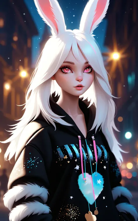 \\ Made with ONE FOR ALL model by Chaos Experience @ https://civitai.com/user/ChaosExperience/ \\
(rising_masterpiece, rabbit_humanoid, furry-characteristics)
A beautiful (( anthro furry white rabbit female, fluffy fur body, rabbit snout and face, lop ears)) with a big long pink hair with black streaks in hair, she is standing in front of a city in a starry night. She is wearing a black Wool sweater (real life extremely detailed visible fabric, (with the words: "ONE FOR ALL " in golden letters)), she is also wearing a pleated black skirt. She is a top model.
It is a realistic art style with photoreal details in RAW HDR. Must be human detailed, hyper-detailed, very cute and jovial.
This "photo" is a masterpiece framed with a careful balance of zoom and depth of field, ensuring the girl's face is in sharp focus making her fur very fluffy, while the background fades into a dreamy bokeh, emphasizing the cuteness and beauty figure of the rabbit female girl against the vastness of the world, floating particles., (Furry Art : Anthro : Rabbit)
((Photorealistic:1.4)), 35mm, intricate details, hdr, intricate details, Detailed Fluffy Fur, hyperdetailed, natural fur texture, hyperrealism, sharp
(hyperrealistic, cinematic light, depth of field)