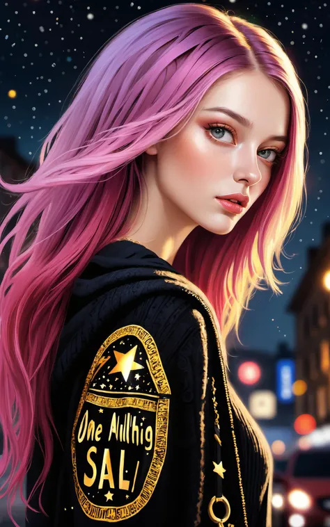 \\ Made with ONE FOR ALL model by Chaos Experience @ https://civitai.com/user/ChaosExperience/ \\
A beautiful European woman (26 yo) with a big long pink hair with black streaks in hair, she is standing in front of a city in a starry night, she is wearing a black Wool sweater (real life extremely detailed fabric, with the words: "ONE FOR ALL " in golden letters), she is also wearing a pleated black skirt.
It is a realistic art style with photoreal details in RAW HDR. Must be human detailed, hyper-detailed, very cute and jovial.
This "photo" is a masterpiece framed with a careful balance of zoom and depth of field, ensuring the girl's face is in sharp focus making her skin pores visible, while the background fades into a dreamy bokeh, emphasizing the cuteness and beauty figure of the girl against the vastness of the world, floating particles., ((Photorealistic:1.4)), 35mm, intricate details, hdr, intricate details, Detailed skin with visible pores, hyperdetailed, natural skin texture, hyperrealism, (sharp:1.05)
(hyperrealistic, cinematic light, depth of field)