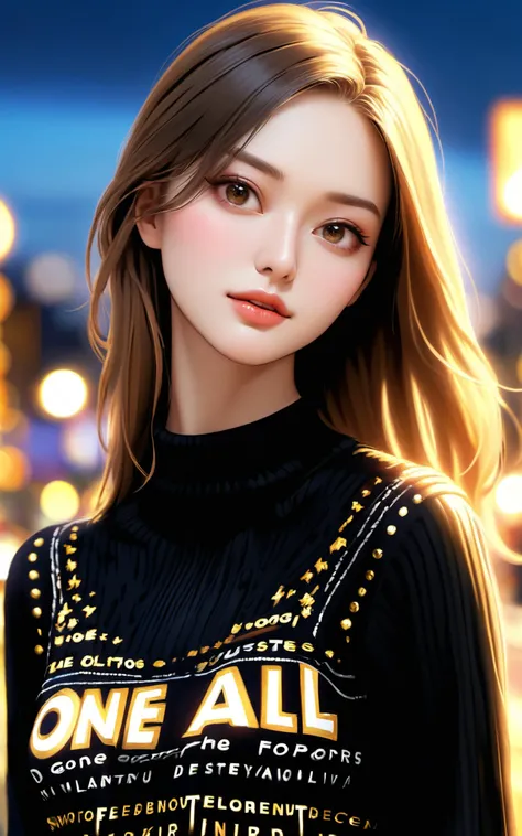 \\ Made with ONE FOR ALL model by Chaos Experience @ https://civitai.com/user/ChaosExperience/ \\
A beautiful delicate european woman with a big long hair standing in front of a city wearing a black Wool sweater (real life extremely detailed fabric, with the words: "ONE FOR ALL " in golden letters) and a pleated black skirt, at night, realistic art style, photoreal details, hdr, human detailed, hyper-detailed, very cute and jovial.
This image is framed with a careful balance of zoom and depth of field, ensuring the girl's face is in sharp focus while the background fades into a dreamy bokeh, emphasizing the cuteness and beauty figure of the girl against the vastness of the world, floating particles., ((Photorealistic:1.4)), 35mm, intricate details, hdr, intricate details, Detailed skin with visible pores, hyperdetailed, natural skin texture, hyperrealism, (sharp:1.05)
(hyperrealistic, cinematic light, depth of field)