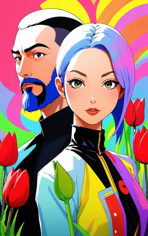 \\ Made with ONE FOR ALL model by Chaos Experience @ https://civitai.com/user/ChaosExperience/ \\
(1girl ,1boy ),portrait,lip, capris,Tulips, Psychedelic gradient background, Colorless hair,Shaved head with a beard hair, Holistic, (masterpiece,best quality,niji style), (masterpiece,best quality), illustrator, anime, ghibli, realistic