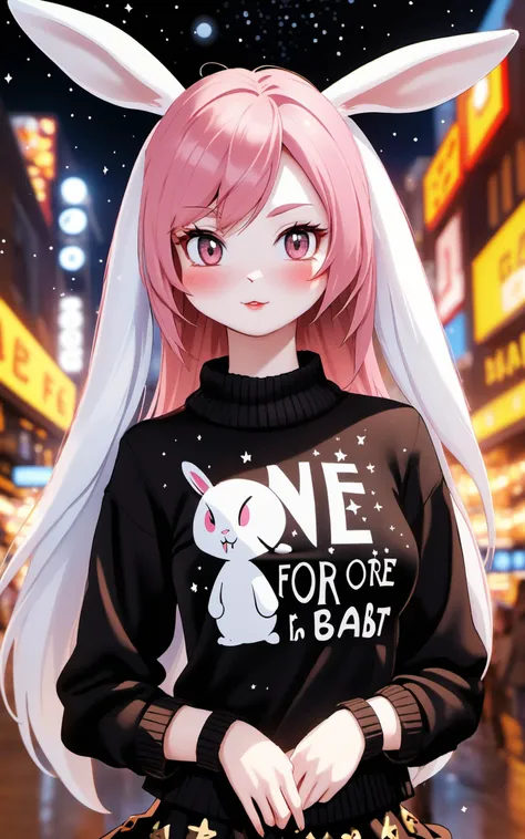 \\ Made with ONE FOR ALL model by Chaos Experience @ https://civitai.com/user/ChaosExperience/ \\
A beautiful (( Anthro furry white rabbit female)) with a big long pink hair with black streaks in hair, she is standing in front of a city in a starry night. She is wearing a black Wool sweater (real life extremely detailed visible fabric, (with the words: "ONE FOR ALL " in golden letters)), she is also wearing a pleated black skirt. She is a top model.

It is a realistic art style with photoreal details in RAW HDR. Must be human detailed, hyper-detailed, very cute and jovial.

This "photo" is a masterpiece framed with a careful balance of zoom and depth of field, ensuring the girl's face is in sharp focus making her skin pores visible, while the background fades into a dreamy bokeh, emphasizing the cuteness and beauty figure of the girl against the vastness of the world, floating particles., (Furry Art : Anthro : Rabbit)
((Photorealistic:1.4)), 35mm, intricate details, hdr, intricate details, Detailed skin with visible pores,  hyperdetailed, natural skin texture, hyperrealism, sharp
(hyperrealistic, cinematic light, depth of field)