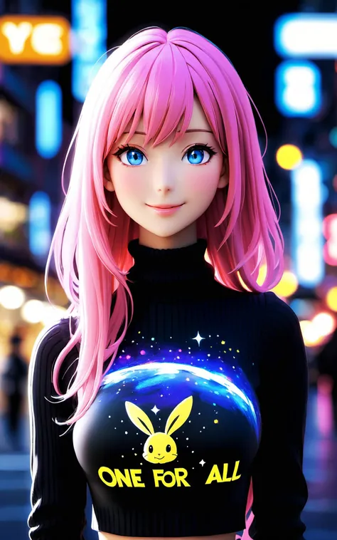 (realistic, photo)
(upper body, solo, night city background, starry night)
fantasy, glowing
(bunny), 1girl, pink hair, long hair, blue eyes, hair between eyes, blush, confident smile, perfect cuteness, bangs, medium breasts, smile, sweater (real life detailed fabric, with the inscription "ONE FOR ALL" in golden letters), turtleneck sweater, sleeveless, necklace, skirt, pleated skirt, black skirt, black belt
(cinematic light, depth of field), \\ Made with ONE FOR ALL model by Chaos Experience @ https:
(Ultra-HD-details, discreet, emphasized-details, life-size-body, cutesie)
(vivid colors, HDR, cinematic light, depth of field, real life, realistic image)