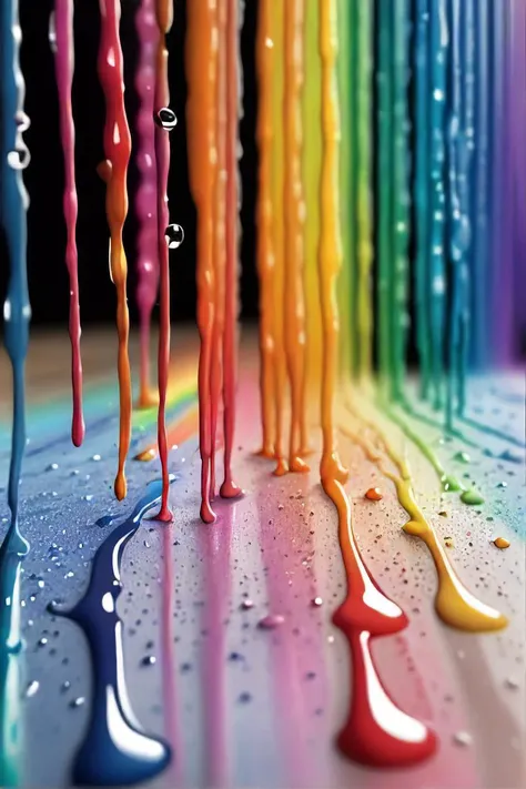 a close up of a rainbow colored rain curtain with water droplets, a pointillism painting inspired by gabriel dawe, pexels, crayon art, raining rainbow, rainbow drip paint, dripping colors