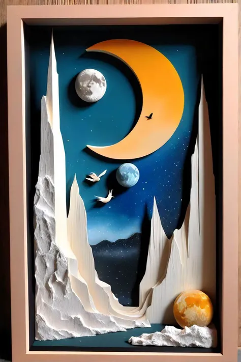 there are two framed pictures of a moon and a bird on a wall, 3d flat layered paper shadow box, resin and clay art, wooden walls with framed art, inspired by chesley bonestell, scenery artwork, framed art, resin art, inspired by joseph cornell, inspired by abraham mignon, lunar landscape, mixed media with claymorphism