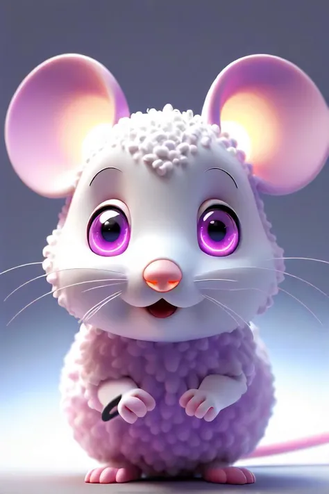 an 3d animation of a white mouse with glowing eyes, in the style of art, light magenta and purple, robert munsch, ken sugimori, nathan wirth, uhd image, poodlepunk