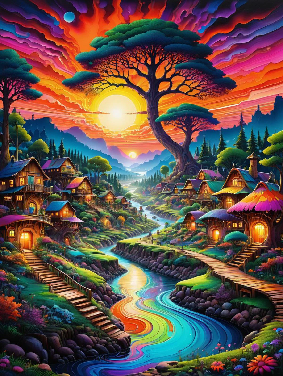 a detailed painting of a psychedelic landscape of tree village, river and colorful sunset
PsyLand<lora:Psy_Land_XL:0.5>