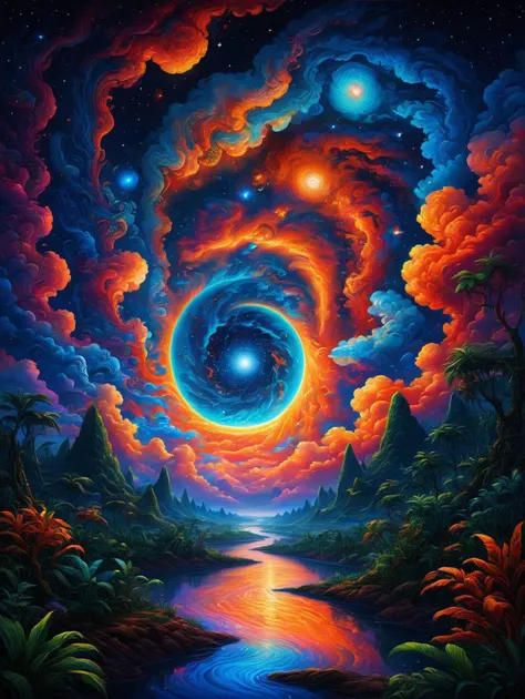 colorful sky with a bright orange and blue nebula, twisted clouds, visionary jungle ​​on the banks of the river
PsyLand<lora:Psy_Land_XL:0.5>