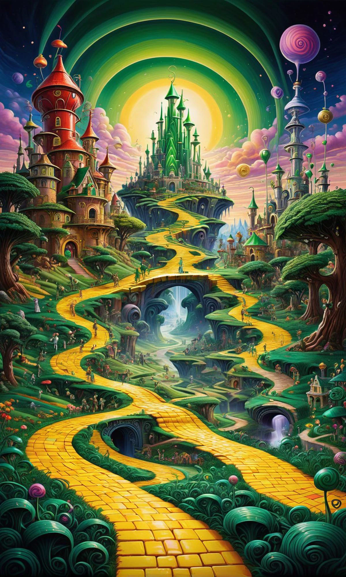 Painting of fantasy psychedelic Land of Oz, yellow brick road, castlesland Emerald City
<lora:Psy_Land_XL:0.5> <lora:castlesland:0.5>