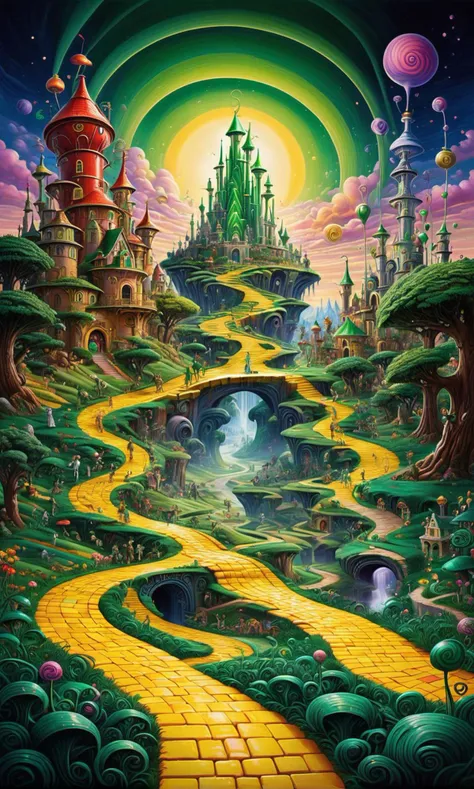 Painting of fantasy psychedelic Land of Oz, yellow brick road, castlesland Emerald City
 <lora:Psy_Land_XL:0.5> <lora:castlesland:0.5>