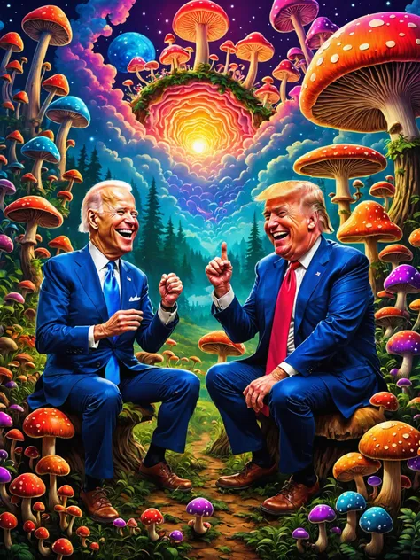 Joe Biden and Donald Trump, laughing,mushrooms, PsyLand, psychedelic, <lora:Psy_Land_XL:0.5>