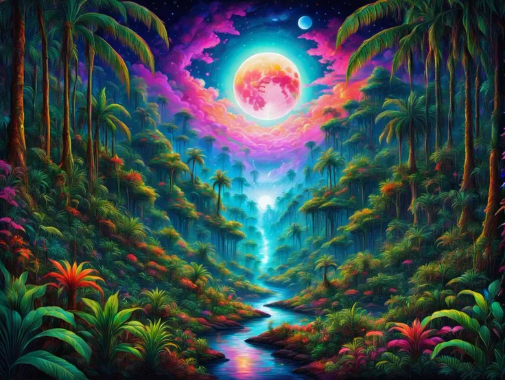 a painting of a tropical jungle colorful psychedelic dreamscape, fantasy magical vegetation, trees, atmospheric  cosmic moon night
PsyLand<lora:Psy_Land_XL:0.75>