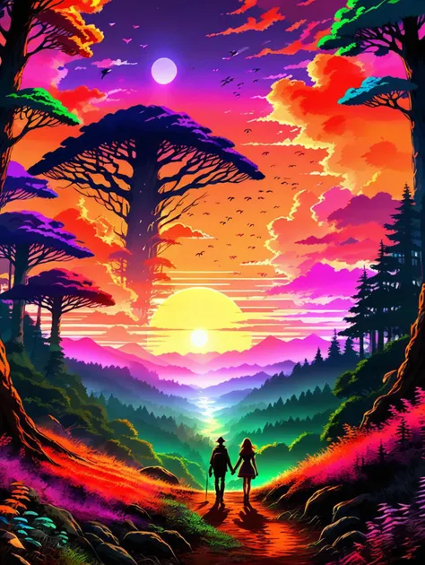 a man and woman walking through a forest at psychedelic colorful sunset
PsyLand<lora:Psy_Land_XL:0.7>