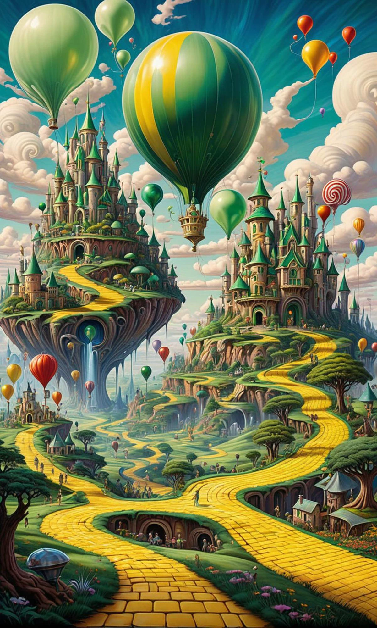 Painting of fantasy psychedelic Land of Oz, yellow brick road, castlesland Emerald City with a giant balloon in the sky
<lora:Psy_Land_XL:0.3> <lora:castlesland:0.5>