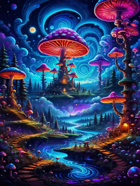 detailed fantastic psychedelic landscape of luminous mushrooms, trees, swirl clouds, night, cosmic light
PsyLand<lora:Psy_Land_XL:0.5>