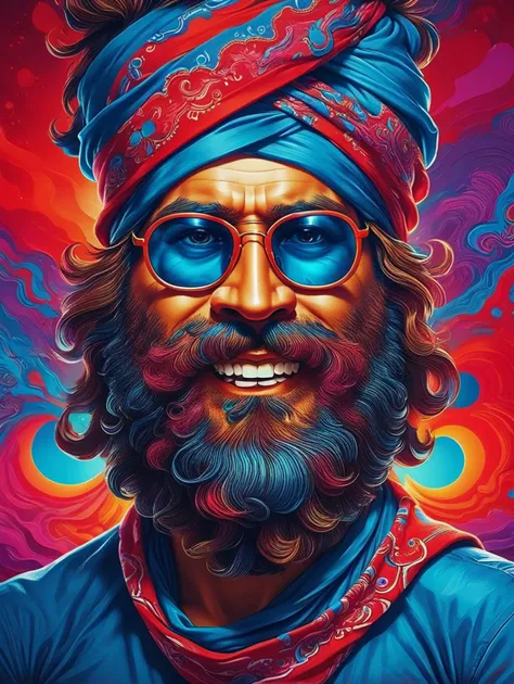 a digital painting of a red-blue face of man with a beard, sunglasses, bandana, smile, psychedelic art
PsyLand<lora:Psy_Land_XL:0.75>