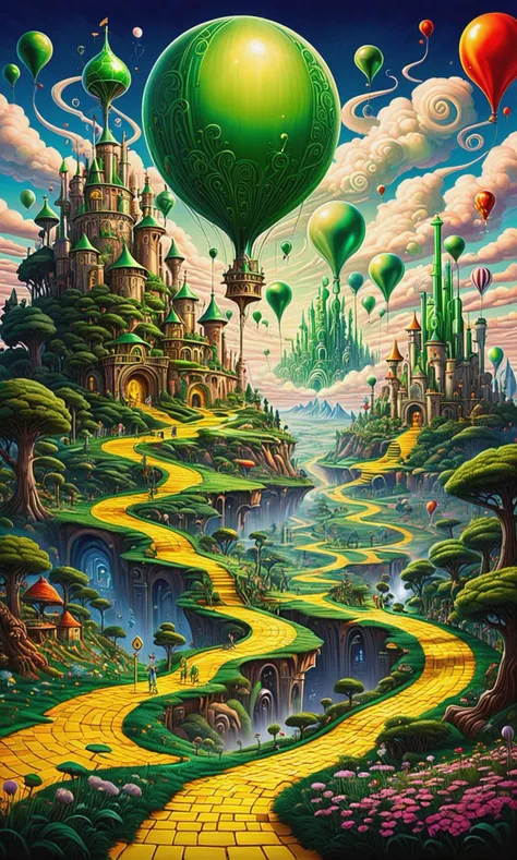 Painting of fantasy psychedelic Land of Oz, yellow brick road, castlesland Emerald City with a giant balloon in the sky
 <lora:Psy_Land_XL:0.5> <lora:castlesland:0.5>