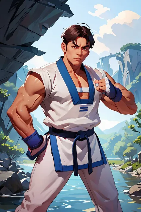 kimkaphwan,dobok,taekwondo uniform,fingerless gloves,at the river,fighting stance,(detailed:1.2),atmospheric,<lora:KimKaphwan:0.8>,