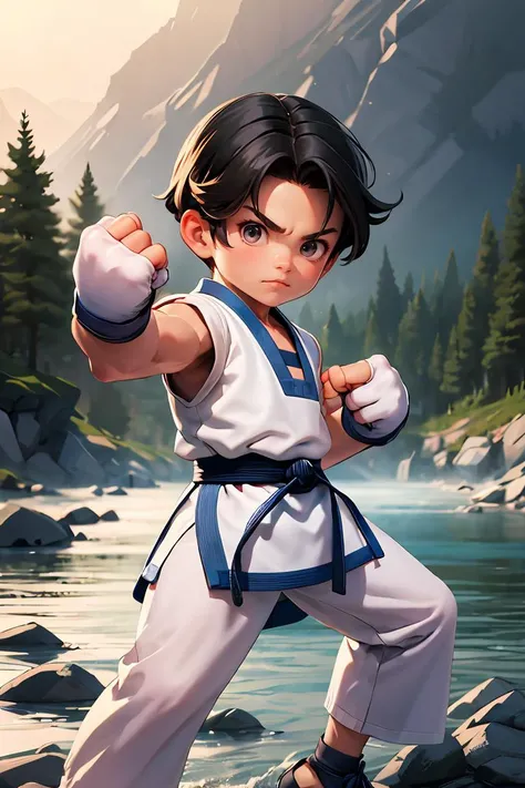 kimkaphwan,dobok,taekwondo uniform,fingerless gloves,at the river,fighting stance,(detailed:1.2),atmospheric,<lora:KimKaphwan:0.8>,chibi,
