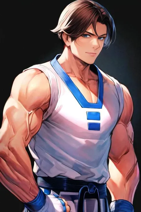 kimkaphwan, solo, 1guy, dobok, taekwondo uniform, fingerless gloves, masterpiece, detailed eyes, medium shot, highres, at mega city <lora:KimKaphwan-000005:1>
