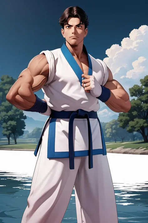 kimkaphwan,(masterpiece, best quality:1.4), (beautiful, aesthetic, perfect, delicate, intricate:1.2),(absurdres, highres, ultra detailed), dobok, taekwondo uniform, fingerless gloves, at the river, fighting stance, (detailed:1.2), atmospheric, <lyco:GoodHands-beta2:1>, <lora:KimKaphwan:1>