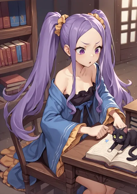 scared, surprised, panicking, 1girl, cat, black cat, looking to the side, 1girl, long hair, purple hair, purple eyes, twintails, forehead, scrunchie, chinese clothes, dress, long sleeves, wide sleeves, bare shoulders, pelvic curtain, sitting, indoors, table, books, chinese palace <lora:Wu_Zetian_Fate_Grand_Order_XL_v2:0.8>, score_9, score_8_up, score_7_up, score_6_up, score_5_up, score_4_up, BREAK source_anime, masterpiece