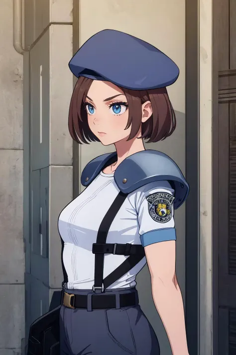 masterpiece, best quality, 1girl, solo, standing, <lora:jillvalentine-re-richy-v1:1> jillre1, beret, uniform, shoulder pads, short sleeves, harness, belt, pants, unmoving pattern,