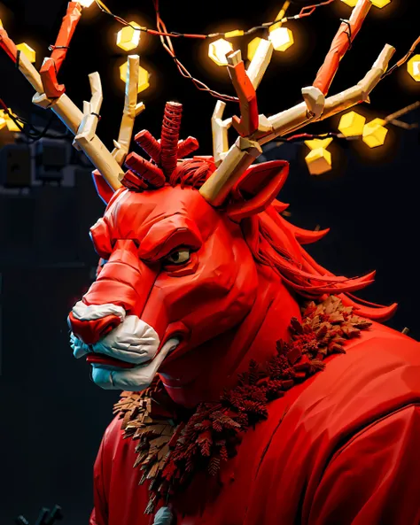 <lora:christmas_test:0.8> angry red reindeer full of blistering rage with massive antlers tangled up in wires, Christmas lights, cables, Leonid Afremov, [heavy metal album cover:octane render:0.3], computer generated image, volumetric lighting, triadic colours, 8k, masterpiece, best quality