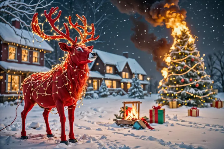 an angry red reindeer full of blistering rage tangled in Christmas lights and a burning Christmas tree with presents on fire in the distance, night, winter, snow, analog photo, 8k, Heavy Metal album cover, cinematic photography, best quality, masterpiece