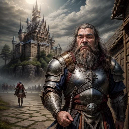 ((best quality)), ((masterpiece)), ((realistic)), (detailed), (Dwarven castle), sitting dwarf with a long beard wearing metal armour, ((dwarf)), <lora:myself:0.4>, (wide nose), blue eyes, realistic fantasy photography, dressed in heavy armor, male-focus, fantasy warrior, old, age spot, twilight, evening, <lyco:GoodHands-beta2:0.4> <lora:detailed-eyes:0.8> <lora:more_details:1> , 14mm prime, empty hand