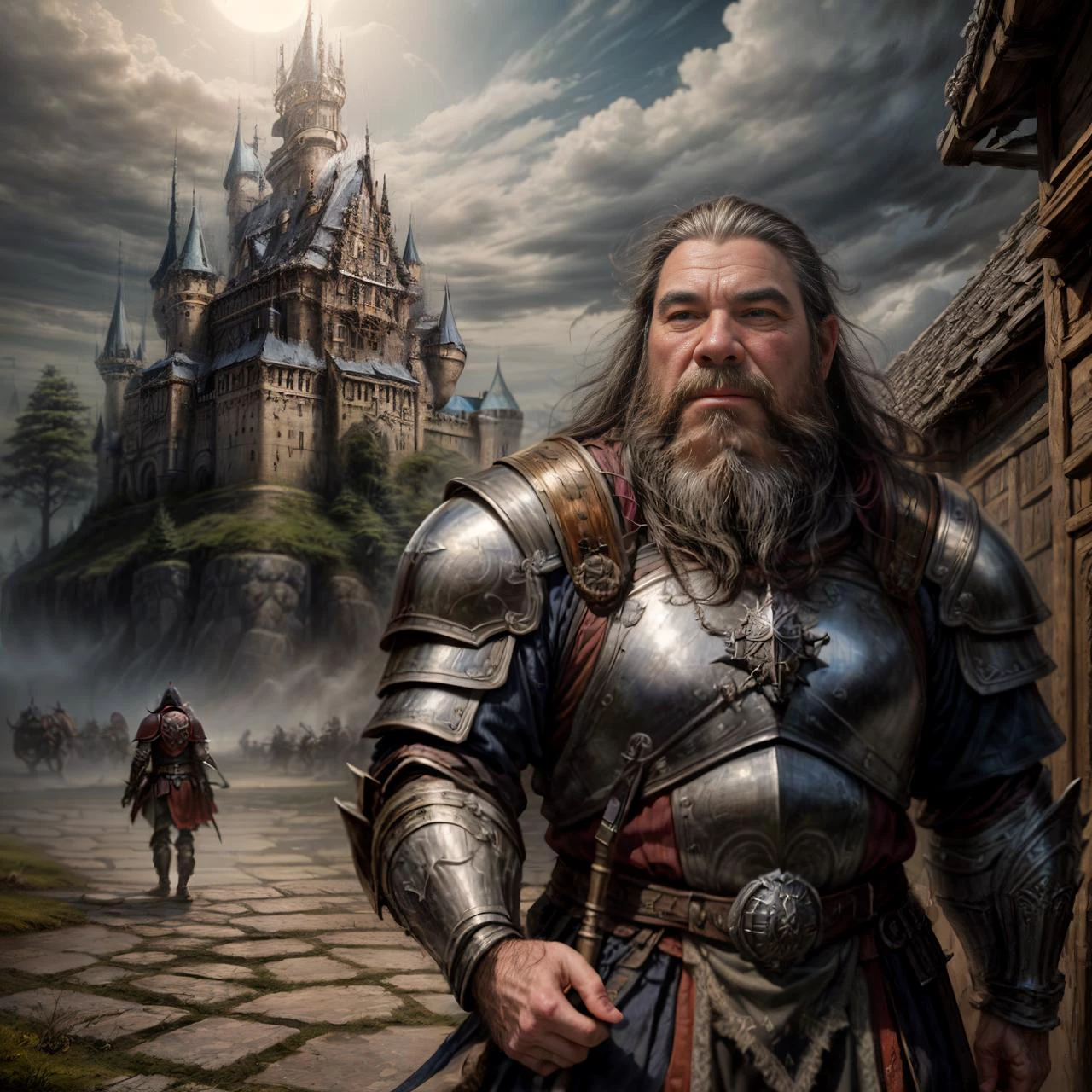((best quality)), ((masterpiece)), ((realistic)), (detailed), (Dwarven castle), sitting dwarf with a long beard wearing metal armour, ((dwarf)), <lora:SteefdeJong:0.4>, (wide nose), blue eyes, realistic fantasy photography, dressed in heavy armor, male-focus, fantasy warrior, old, age spot, twilight, evening, <lyco:GoodHands-beta2:0.4> <lora:detailed-eyes:0.8> <lora:more_details:1> , 14mm prime, empty hand