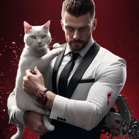 raw,highres, absurdres, high quality, A man with a chainsaw as a head, white clothing, (black tie:1.1), holding a cat, blood dripping on man, red splashes backdrop